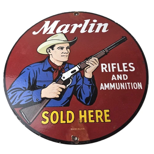 Vintage Marlin Firearms Sign - Dealer Sold Here Advertising Gas Porcelain Sign