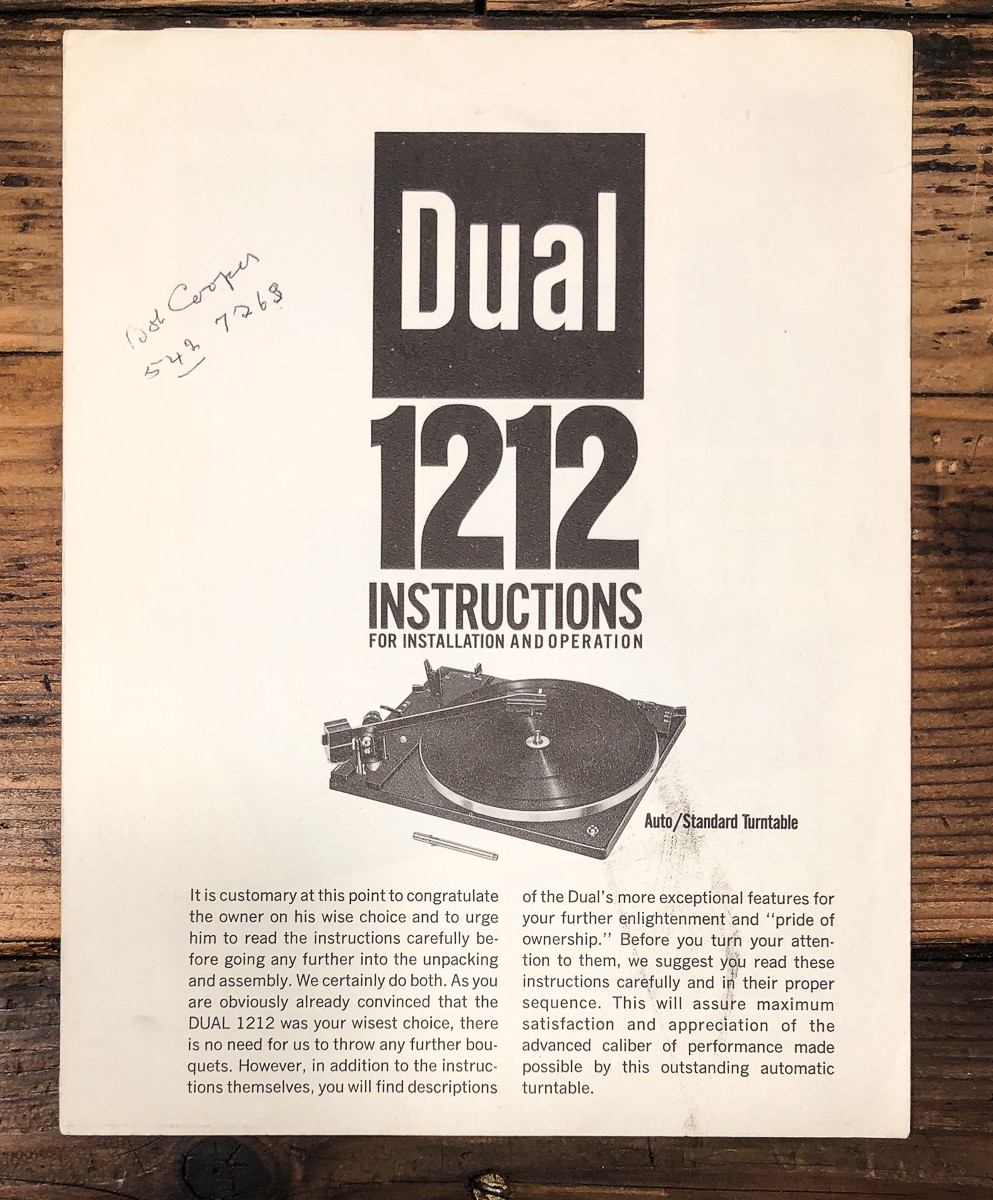 Dual Model 1212 Record Player / Turntable Owners / User Manual *Original*