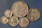 LOT 6 US SILVER COINS 1921 D MORGAN SILVER DOLLAR 1964 HALF $ 2 QUARTERS ETC
