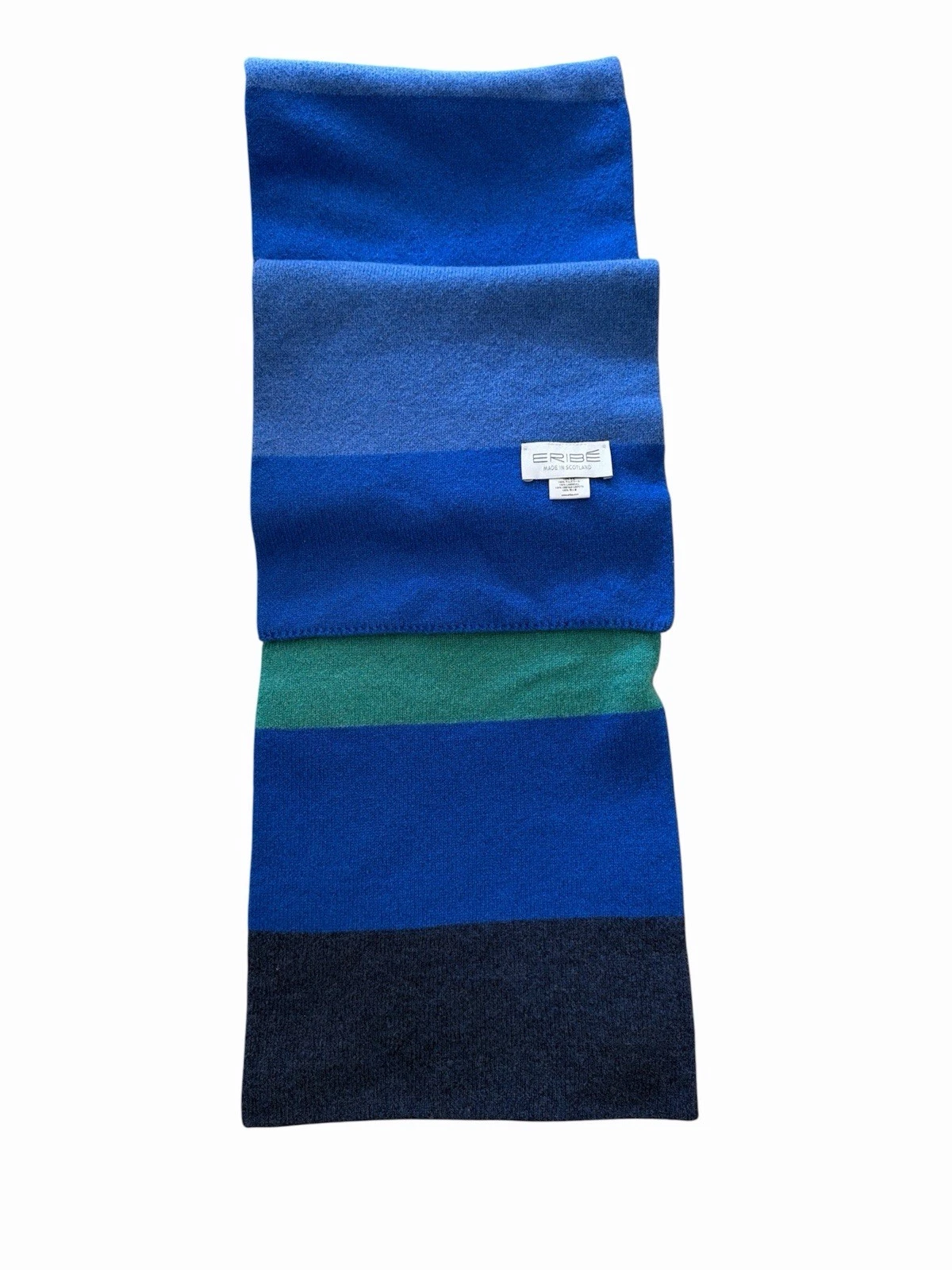 ERIBÉ Wool Knit in Scotland Blues Green Color Block Scarf 60 x10 ” Lambswool