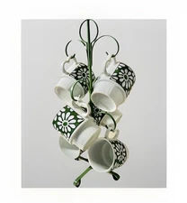 Trimont Ware Set of 6 Floral Green Stacking Coffee Mugs & Stand Made in Japan