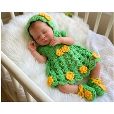 Handmade Crochet Baby Newborn Green Dress With Booties and Cap Matinee Set