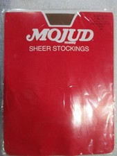 1 PR VINTAGE MOJUD RT STRETCH MESH SHEER NYLON STOCKINGS SZ MED/LONG BEIGE