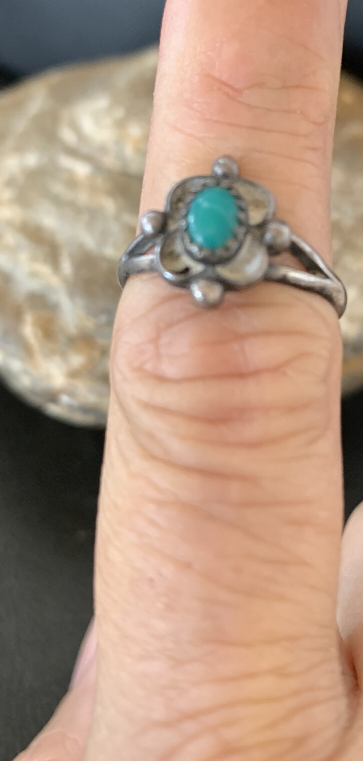 Blue Turquoise Navajo Sterling Silver Old Pawn Butterfly Ring Size 5.5 10786