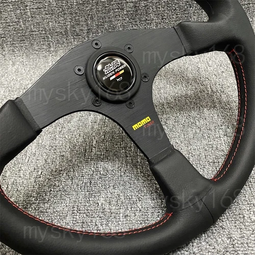 Mugen Genuine Leather Steering Wheel Flat bracket 340mm Horn Red Stitching - Picture 7 of 7