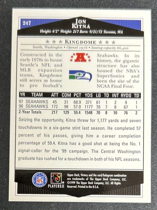 1999 Upper Deck Victory Jon Kitna Football Card #247 Seahawks QB VG O/C - Image 2 of 2