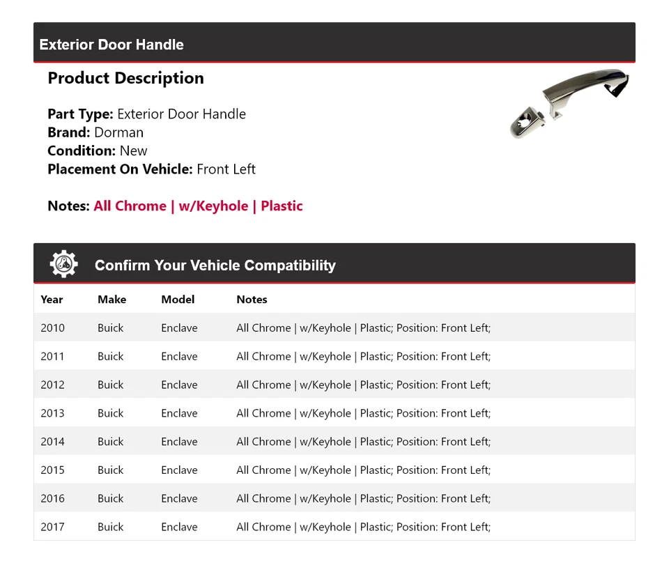 Manija de puerta exterior delantera izquierda para Buick Enclave Dorman 2010-2017 2011 2012 Foto 2 de 4