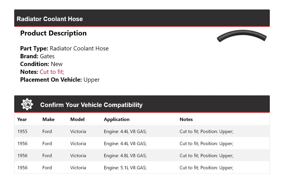 Portões superiores de mangueira de refrigerante para radiador Ford Victoria 1955-1956 - Imagem 2 de 4