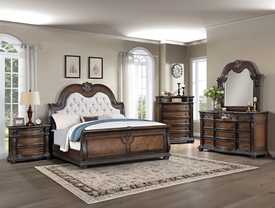 Traditional 5pc Coffee Brown King Size Bed Dresser Mirror Nightstand Chest  Set | eBay