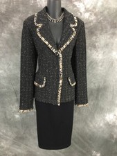 BEAUTIFUL St John knit black beige white fringe jacket skirt suit size 8