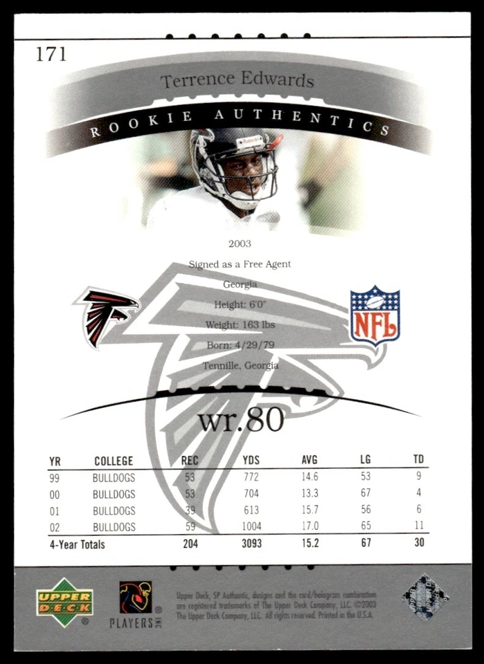 2003 SP Authentic Terrence Edwards Rookie 0795/1200 Atlanta Falcons #171A R87 - Image 2 of 2