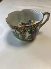 Vintage Chinese Porcelain Mustache Cup Famille Rose Bamboo/Flower Panels Fencai