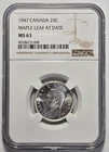 1947 CANADA MAPLE LEAF AT DATE 25 CENTS NGC MS 63 Certified Coin