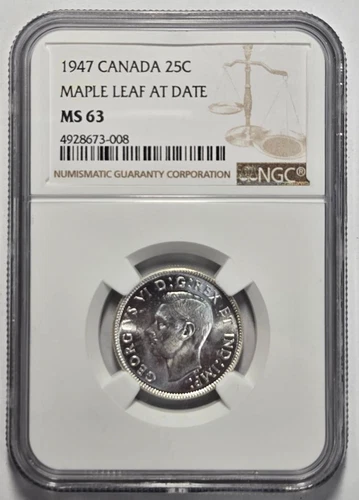 1947 CANADA MAPLE LEAF AT DATE 25 CENTS NGC MS 63 Certified Coin