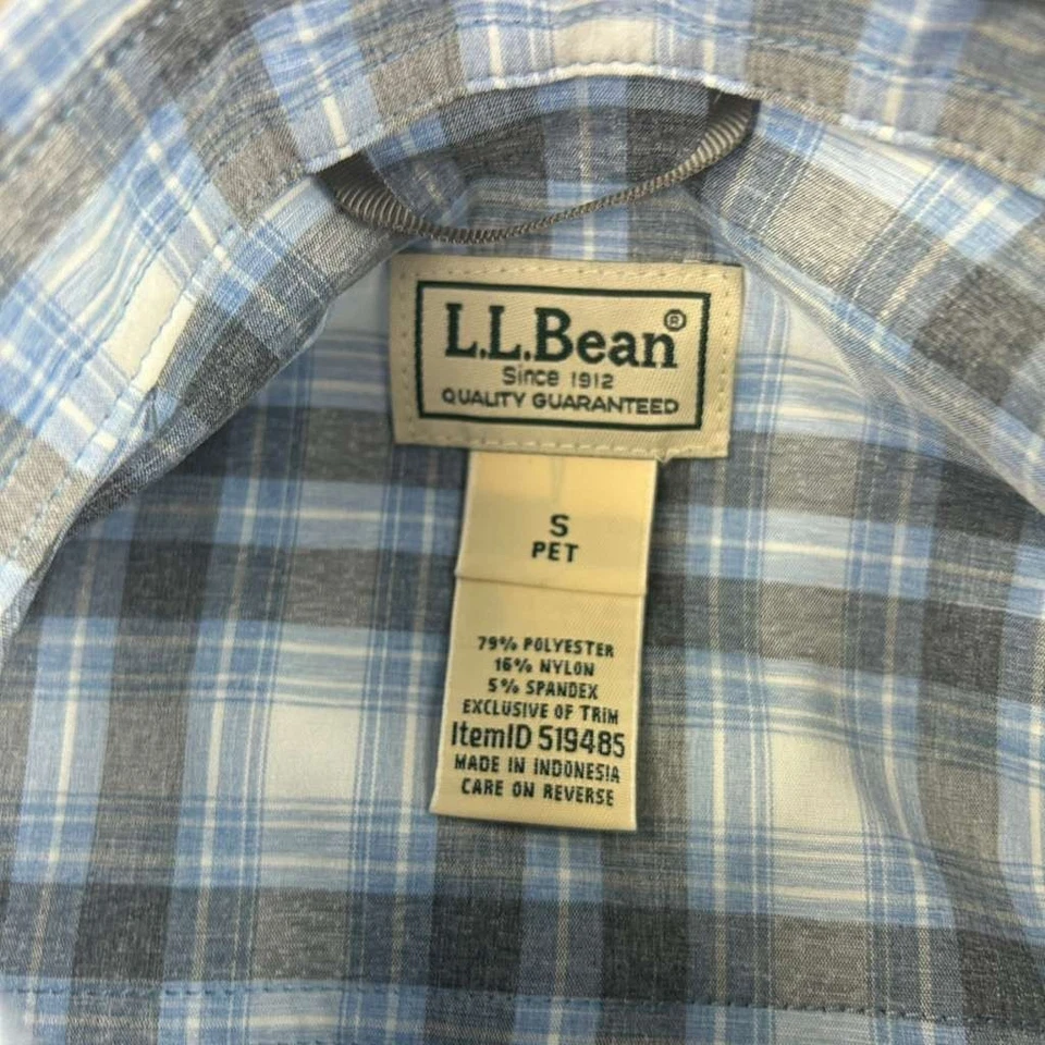 Camisa LL Bean para mujer SP azul gris a cuadros nailon lengüeta enrollable mangas largas abotonada Foto 2 de 4