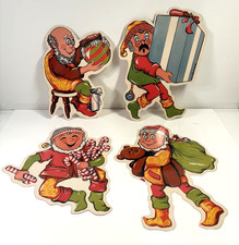 4 Vintage Beistle Christmas Santa's Elves Die Cuts Cardboard Wall Art Decor 50s