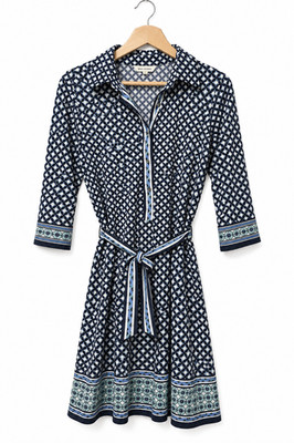 MAX STUDIO Damen Kleid Gr. S Blau Weiß Gemustert 3/4 Arm Gürtel