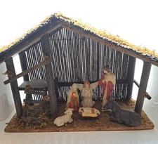 Vintage Nativity Wood Stable Hand Painted Ceramic 5” 6”