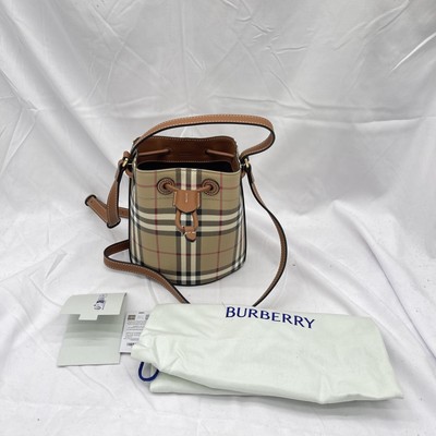 Burberry Womens Mini Check Bucket Drawsting Bag Canvas Vintage Check