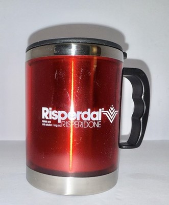 RARE Pharma Drug Rep Red Risperdal Coffee Mug  & Lid To Go Cup Plastic &  metal