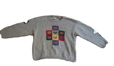 Vintage Norm Thompson Knit Sweater Large Gray Colorful Heart Patchwork Pullover