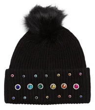 Kurt Geiger Womens Octavia Rainbow Crystal Knit Beanie Hat Faux Fur Pompom Black