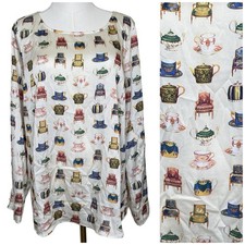 Talbots Popover Tea Cup Party Novelty Print Blouse L Cream Tea Pot Antique Chair