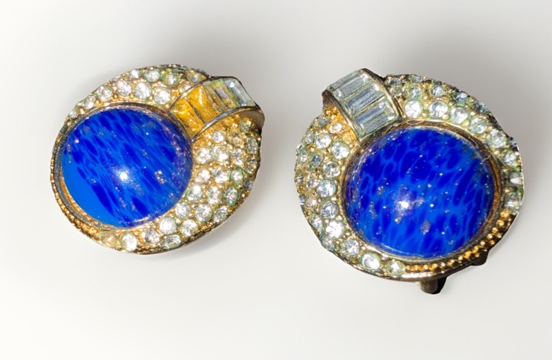 Vintage Christian Dior Faux Lapis Glass Cabochon & Rhinestone 1980s Couture