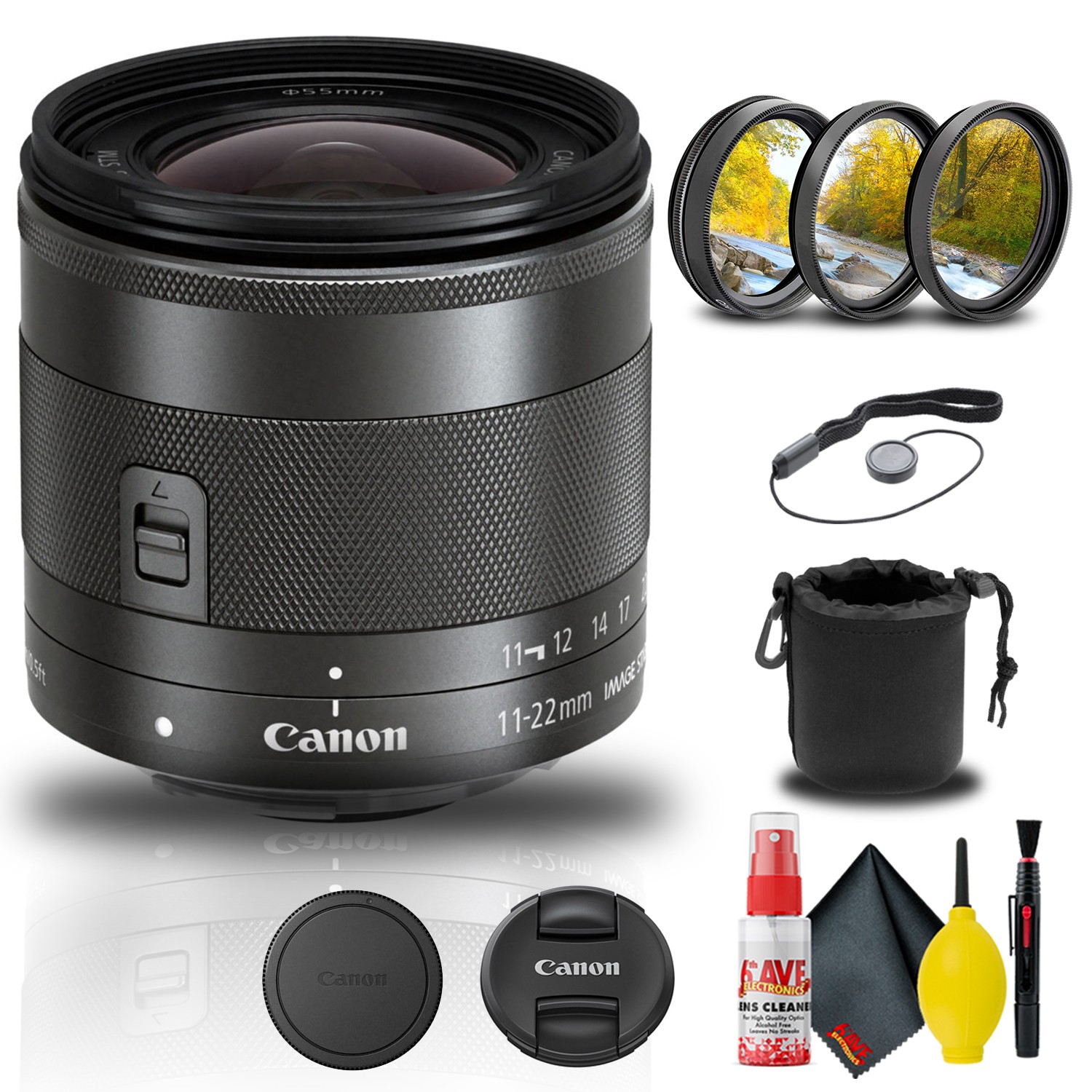 Объектив Canon EF-M 11-22 мм f/4-5,6 IS STM (7568B002) + Фильтр + Чехол для объектива + Многое другое