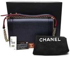 CHANEL Large Boy Flap Bag Navy Blue Calfskin Leather Gold Hardware Shoulder Bag