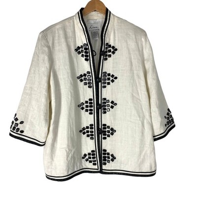 VTG Linea by Louis Dell'Olio Linen Blazer Women 1X Black White Beaded Old Money