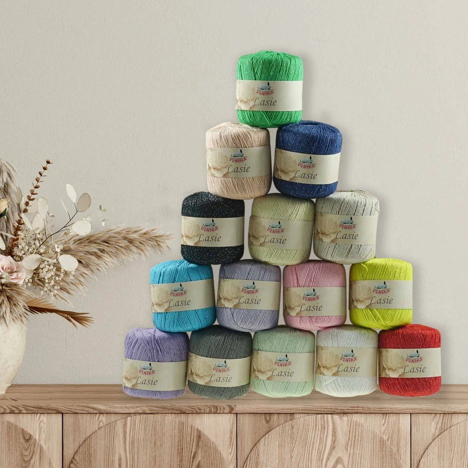 VLNIKA Häkelgarn Lasie mit Glitzereffekt 150m/50g Sommergarn Strickgarn 15 Farben (0,02