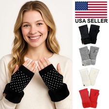 C.C Exclusive Women's Winter Solid Color Rhinestone Fingerless Gloves