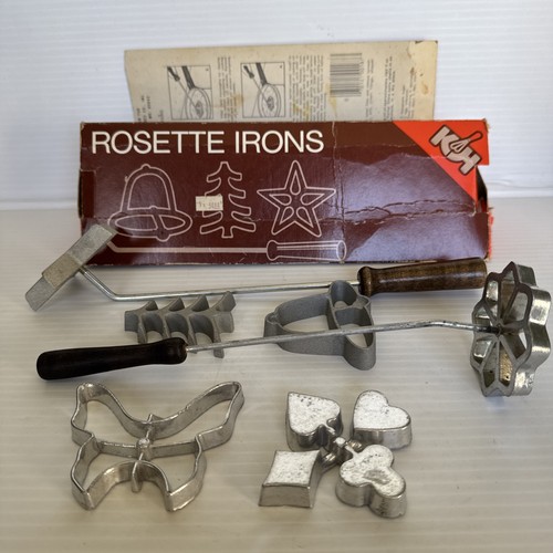Vintage KH Rosette Irons Set with 2 Handles and 6 Molds with Box & Instructions