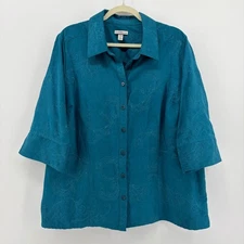 Croft & Barrow Teal Paisley Embroidered Button Front Shirt Womens 1X