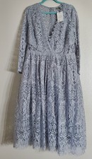 ASOS NWT Tea Length Midi Fit And Flare Poofy Gray Lace Long Sleeve 3/4  Dress 14