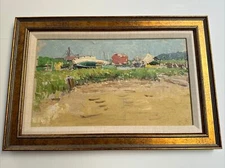 Antique Plein Air Landscape Painting Nautical Marina Port Coastal Impressionism