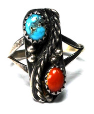 Sterling Silver Vintage Turquoise  Coral 21mm Ring Size 6-1/2