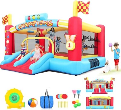 Racing Party Bouncy House for Child w/Large Jumping Area, Basketball Hoop 