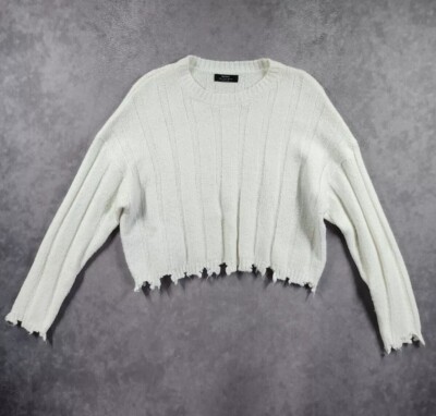 Bershka Sweater Womens Small Ivory Knit Distressed Hem Cropped Crew Neck Cozy