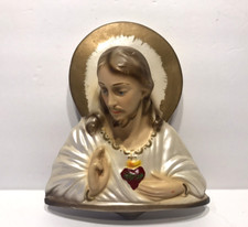 Vintage Jesus Sacred Heart Wall Hanging Plaque Church Religious Chalk-ware