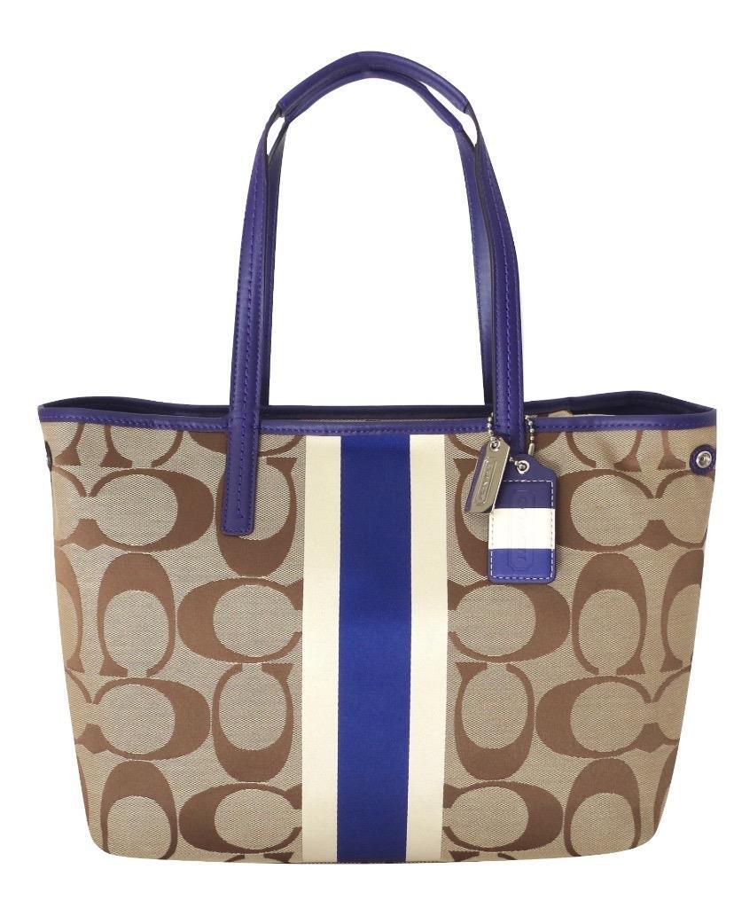 New NWT Coach Hamptons Khaki Ivory Purple Signature Stripe Tote