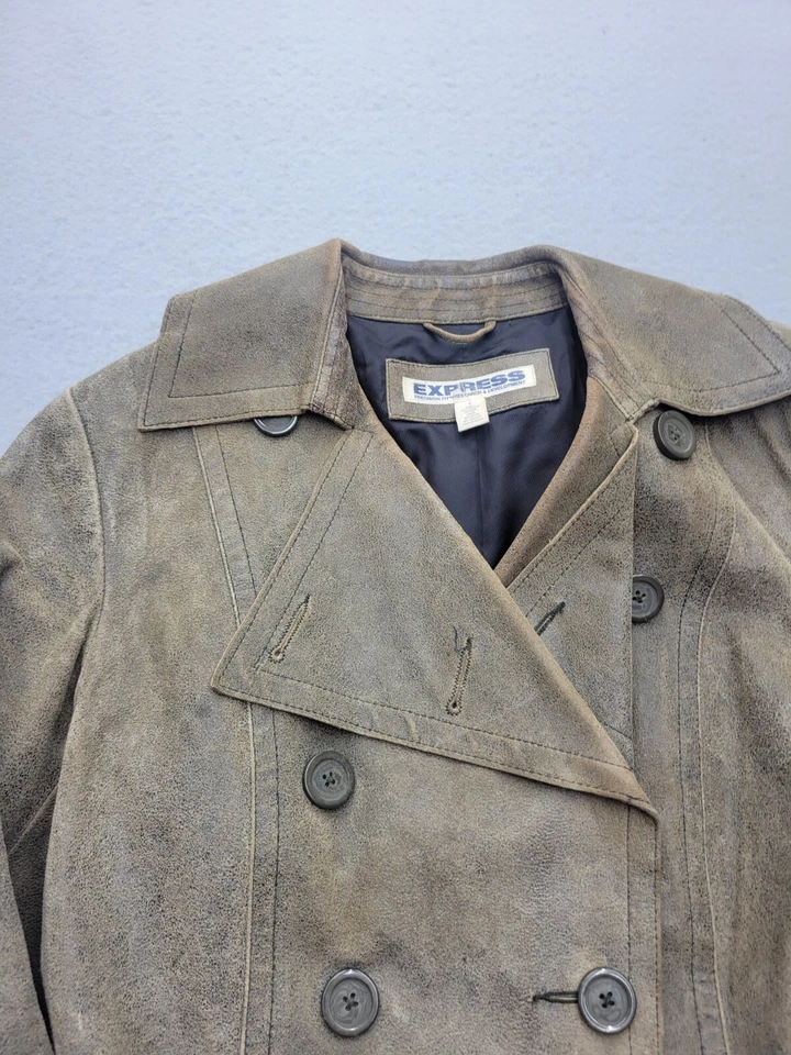 Chaqueta Express Mujer 6 Negro/Marrón Guisante Abrigo Sólido Corto Botón Cuero China Foto 3 de 4