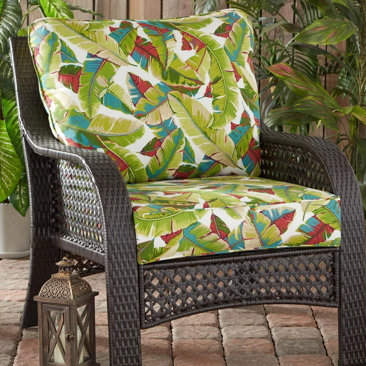 Palm Leaves White Outdoor High Back Chair Cushion, 43 OFF