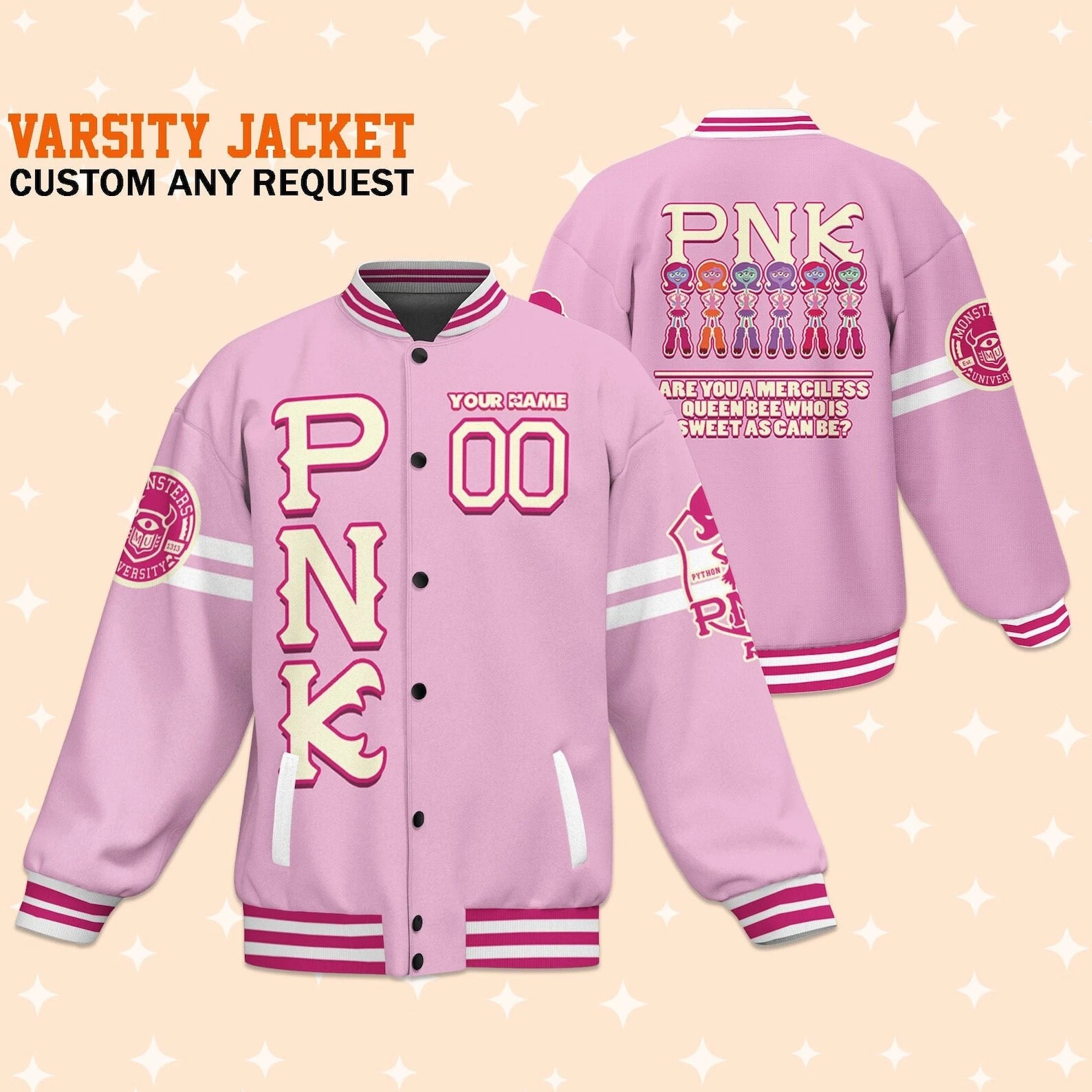 Custom Monster University PNK Uniform Varsity Jacket Baseball Outfit Personalize