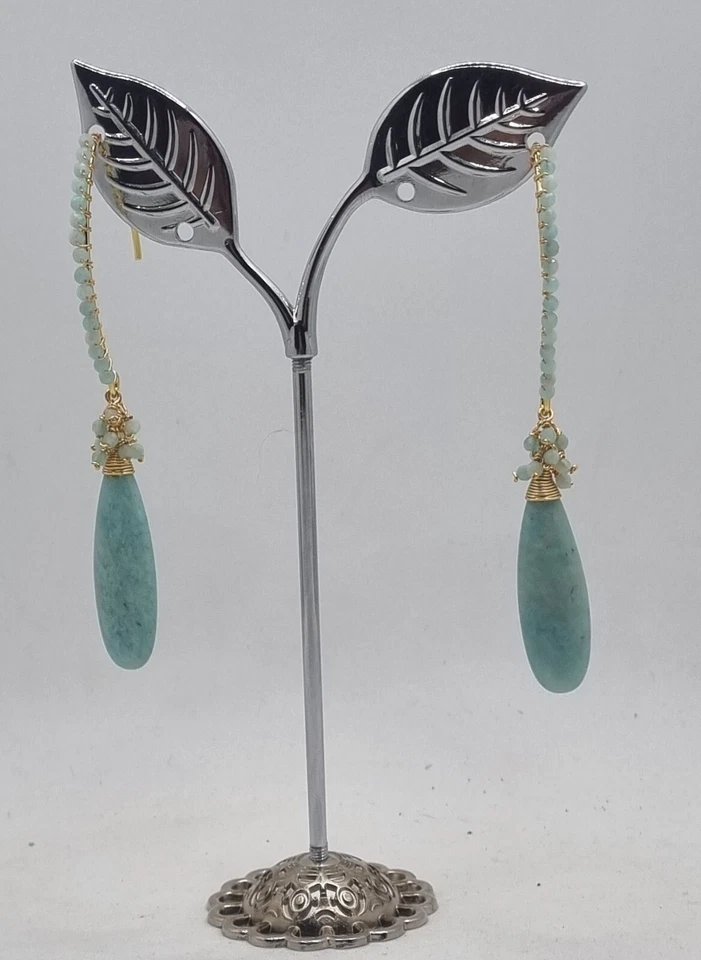 ORECCHINI A GOCCIA in amazzonite con amo in argento dorato, orecchini azzurri - Immagine 4 di 4
