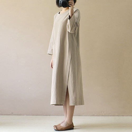 Women Cotton Linen Round Neck Long Sleeves Pocket Casual Midi Dress Gown - Picture 11 of 23