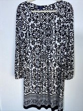 Chaps Black & White Scoop Neck Front Pleat Floral Long Sleeve Dress Size Large