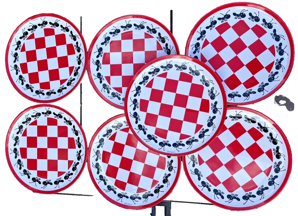 PLATOS DE CENA GIBSON RAROS (7) CUADROS ROJOS CON DISEÑO DE HORMIGA ¡BONITOS! PATRÓN COQUE??? Foto 2 de 4