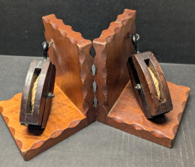 Vintage Pair Of Nautical Pulley & Rope Wood Bookends 6''H x 4.75''W x 4.75''D Japan